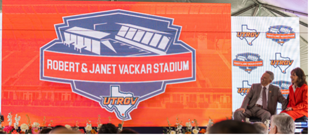 Robert and Janet Vackar Stadium logo showcased on screen.