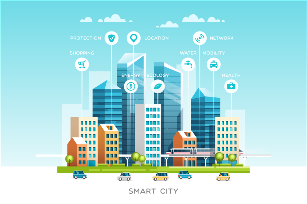 Graphic of a smart city with icons for various infrastrucure systems