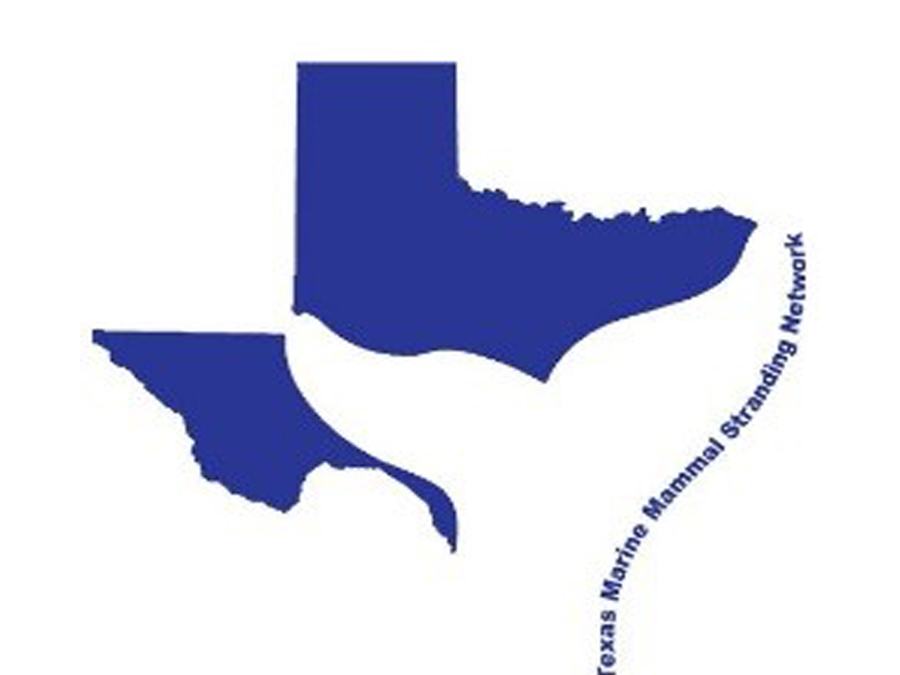 Blue Texas state map, with the left side covered by a white dolphin tale