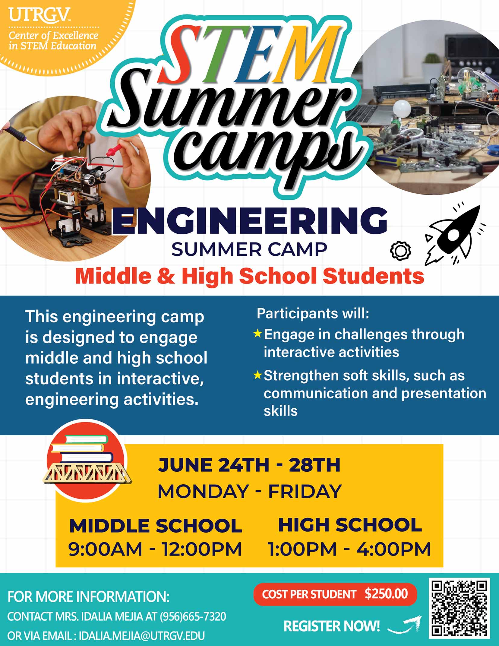 STEM Engineering Camp | $180 Register Now! | Engineering consisting of constructing and developing tools for the betterment of society. In this camp, students will be introduced to renewable sources of energy through interactive activities. | Participants will: Engage in energy challenges, implemented the steps of the Engineering Design Process, and Design, build, and test their own models. June 10-14th: Week 1: Morning Session - 6th to 8th grade. Afternoon Session - High school (9th-12th) | Morning Session: 9:00 a.m - 12:00 p.m. Afternoon Session: 1:00 p.m. - 4:00 p.m. Session hours apply to all camps