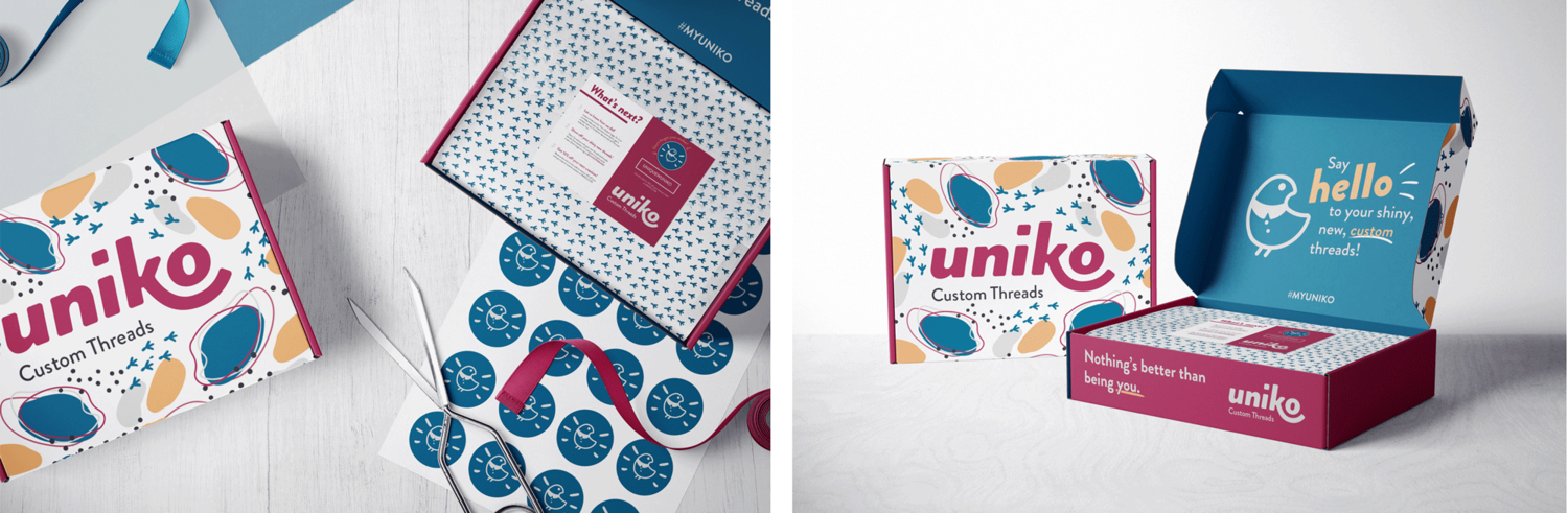 Packaging / Mockups showing the mailer box (interior & exterior), tissue paper, postcard and stickers