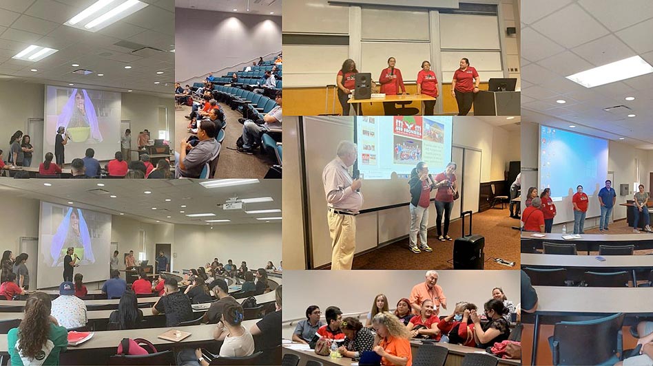 Collage of AVE Frontera family leaders presenting in STEM courses at UTRGV