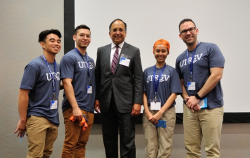 Team ASTRA with mentor and HOST Program Director, Dr. AJ Singh after being announced as first place winners. From left to right: Ace Palomero, Samir Cortez Fallad, Dr. Arjun Singh, Edelyn Barcena, Alejandro Mendivil Alcalde