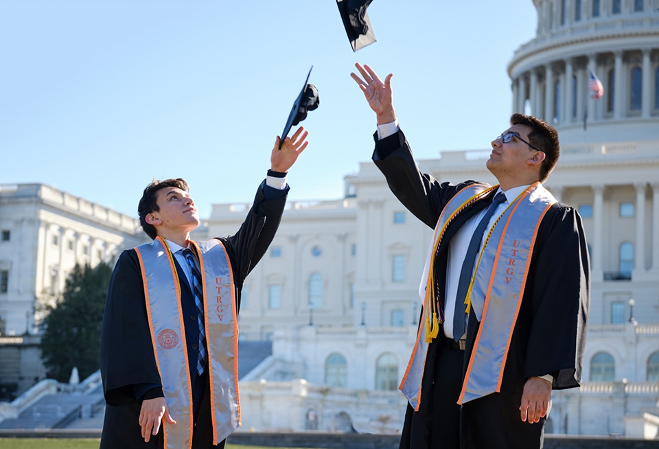 Matthew Rodriguez (left) and Anthony Hernandez (right) celebrating in their cap and gowns in Washington D.C. as both UTRGV students get ready to graduate Saturday, May 11. Both took part in the Archer Fellowship Program. (Courtesy Photo)