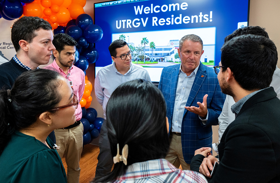 Dr. Michael B. Hocker, UTRGV School of Medicine dean, chats with the first cohort of the new Internal Medicine residency program on June 20 in Brownsville. (UTRGV Photo by David Pike)