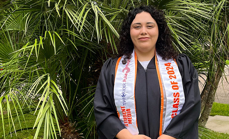 UTRGV graduate Marissa Rodriguez, 29, from Peñitas, overcame challenges to walk across the commencement stage to accept her bachelor’s degree in Mass Communication on Saturday, May 11. (Courtesy Photo)