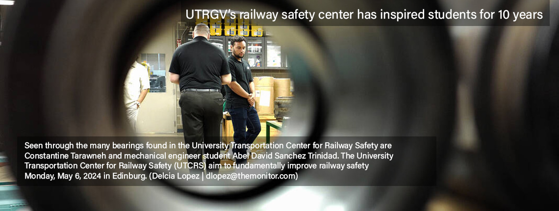 Seen through the many bearings found in the University Transportation Center for Railway Safety are Constantine Tarawneh and mechanical engineer student Abel David Sanchez Trinidad. The University Transportation Center for Railway Safety (UTCRS) aim to fundamentally improve railway safety Monday, May 6, 2024 in Edinburg. (Delcia Lopez | dlopez@themonitor.com)