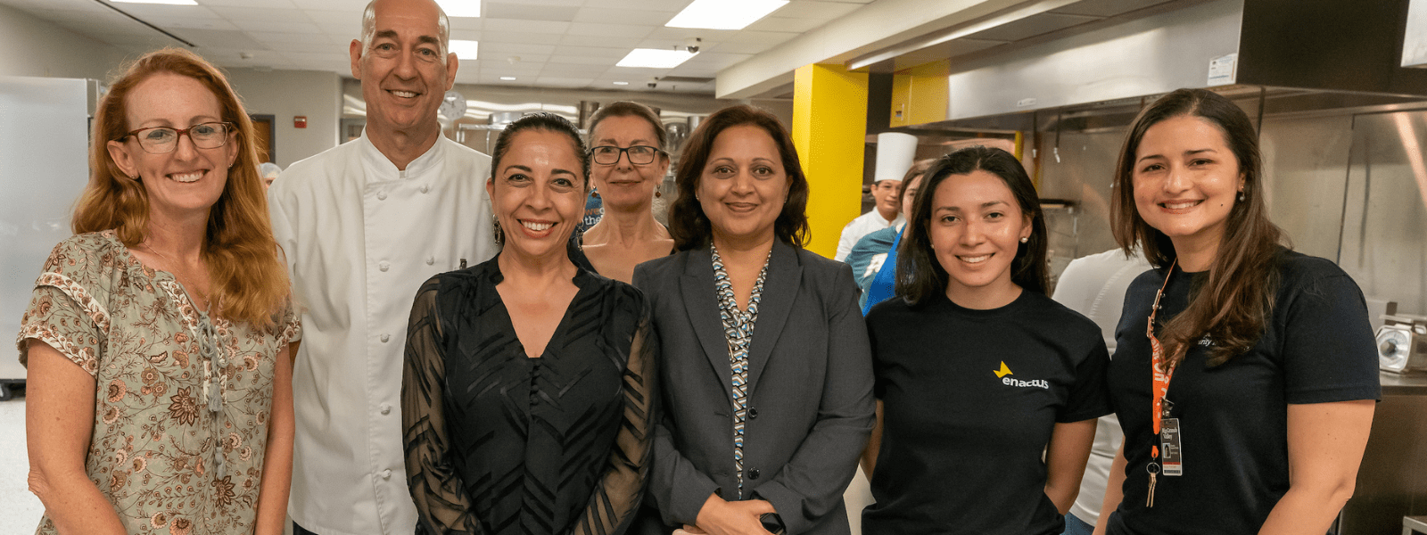 UTRGV Enactus chapter, in collaboration with the Campus Food Security Initiative (CFSI), held a cooking competition. In this photo, members and stakeholders are posing and smiling. 