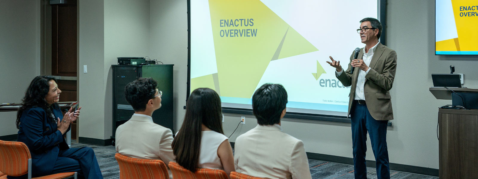 Dr. Giorgio Gotti, dean of the UTRGV Robert C. Vackar College of Business & Entrepreneurship, speaks at an event where UTRGV Enactus students share their award winning presentation on Friday, Aug. 16, 2024 at Rio Bank in McAllen, Texas. 