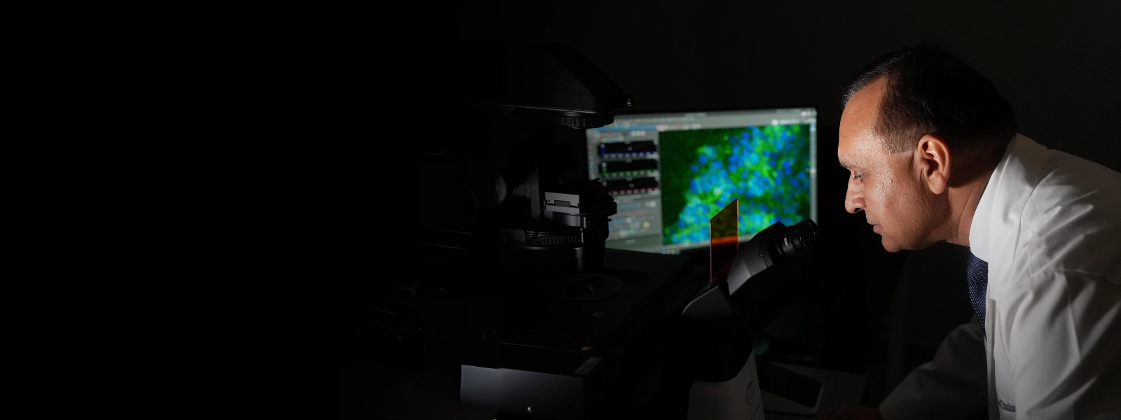 UTRGV researcher looking at a microscope