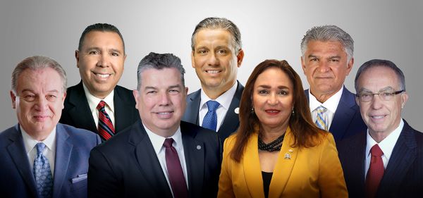 From left: Dr. Tony Lara – South Texas Independent School District (STISD), Dr. René Gutierrez – McAllen Independent School District, Dr. Gonzalo Salazar – Los Fresnos Independent School District (LFISD), Dr. J.A. Gonzalez – Harlingen Consolidated Independent School District (HCISD), Dr. Alda Benavides – Edcouch-Elsa Independent School District (EEISD), Dr. Mario Salinas – Edinburg Consolidated Independent School District (ECISD), and Dr. Richard Rivera – Weslaco Independent School District (WISD). (UTRGV Illustration by Creative Services)