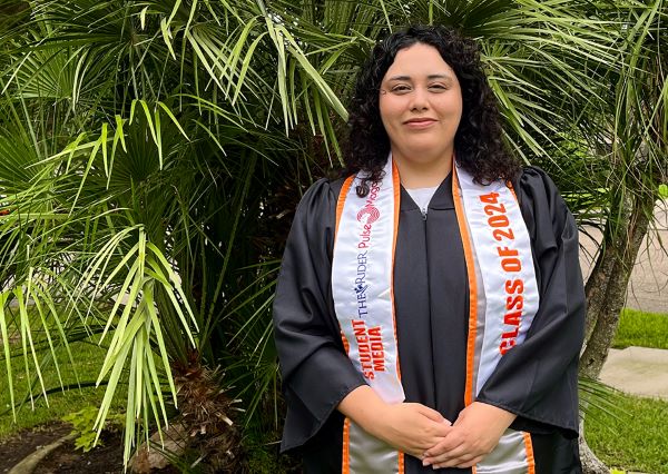 UTRGV graduate Marissa Rodriguez, 29, from Peñitas, overcame challenges to walk across the commencement stage to accept her bachelor’s degree in Mass Communication on Saturday, May 11. She took graduation photos outside her aunt and uncle’s house, who supported her throughout her recovery from a freak car accident that delayed her graduation for years. (Courtesy Photo)
