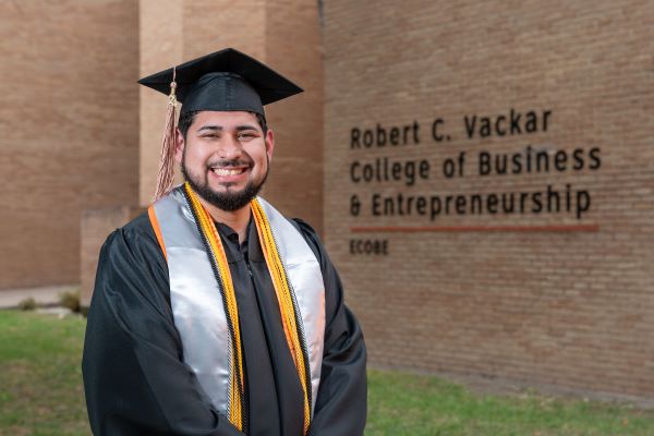 Photo credit: Paul Chouy Eric Arredondo, from McAllen, will be graduating this Saturday, May 11, at the Bert Ogden Arena earning a Bachelor of Business Administration in Management from UTRGV’s Robert C. Vackar College of Business and Entrepreneurship. (UTRGV Photo by Paul Chouy)