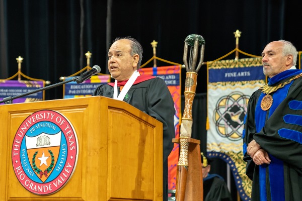 Dr. Fred Farias III, Chairman of the Texas Higher Education Coordinating Board, was awarded with the President’s Medal of Honor, a prestigious distinction only five others have received before him, at the UTRGV Spring Commencement in Edinburg at 8:30 a.m. Saturday, May 11, 2024. The medal celebrates individuals whose extraordinary contributions and exemplary dedication have profoundly impacted the university. (UTRGV Photo by Paul Chouy)