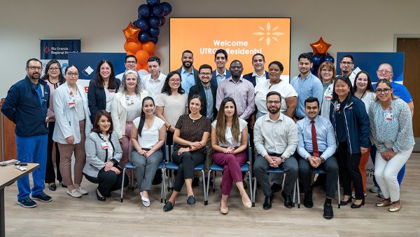 The 13-member inaugural cohort of the Internal Medicine residency program met Rio Grande Regional Hospital leadership and clinical staff at the launch of UTRGV School of Medicine’s new residency program on Monday, June 17, 2024. On Thursday, June 20, the cohort will meet with the staff and leadership team at Valley Regional Medical Center in Brownsville, where the residents will also be practicing. The new program marks the first time UTRGV will have a physician residency program in Brownsville. (UTRGV Photo by Paul Chouy)
