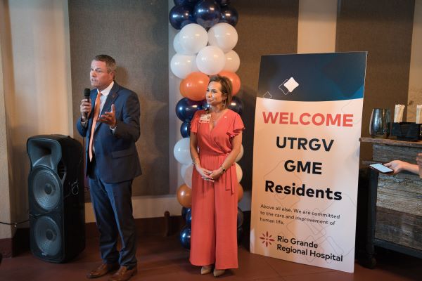 The new UTRGV HCA internal medicine collaborative residency program hopes to seat 150 total resident physicians by 2029 and offer different specialties that could attract more talent to the Valley by providing the landscape for a pipeline of physicians who will be the future of healthcare for the region. Pictured is Dr. Michael B. Hocker, dean of the UTRGV School of Medicine and senior vice president of UT Health RGV, and Laura Disque, Rio Grande Regional Hospital CEO. (UTRGV Photo by David Pike)