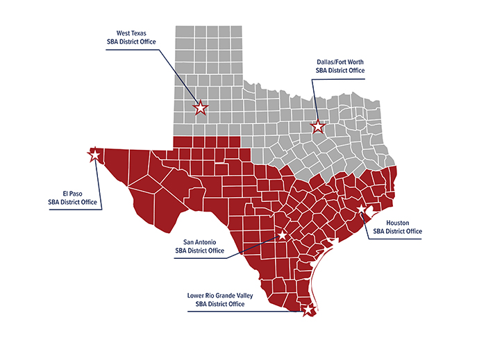 A graphic demonstrating texas counties where service is provided visually with the names of the SBA distric offices in West Texas, Dallas/Fort Worth, El Paso, SanAntonio, Houston, and the Lower Rio Grande Valley .