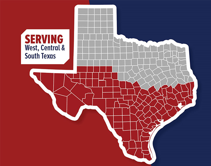 graphic demonstrating texas counties where service is provided visually with no names of the counties only saying serving west, central and south texas.